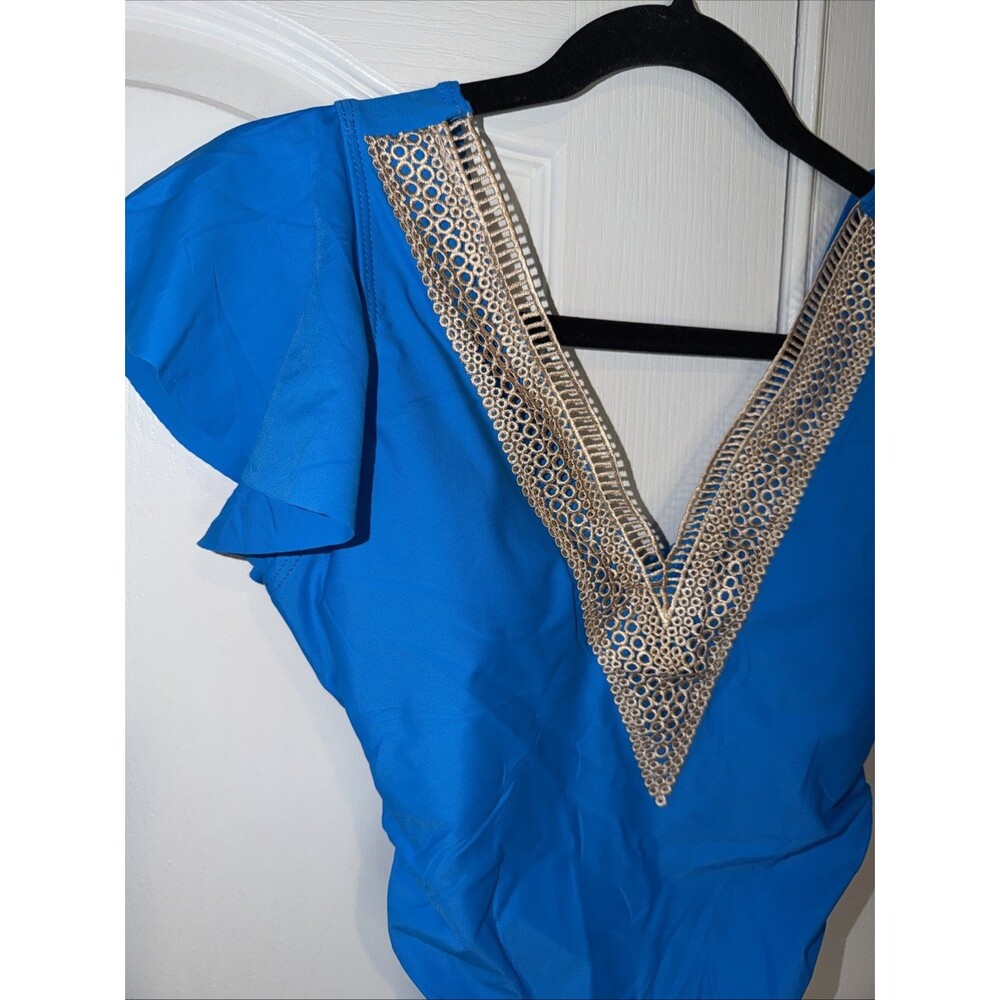 Women Swim Bathing Suit One piece Sz Med Ruffle Sleeve Crochet Blue NWOT Boho - Picture 2 of 12